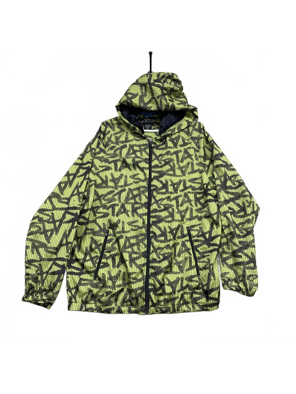 Men Alpinestars Hooded Windbreaker Jacket Sz XL Lime Green Black Graffiti Print